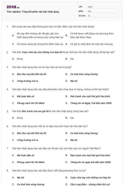 Trắc nghiệm: Tổng kết phần văn bản nhật dụng