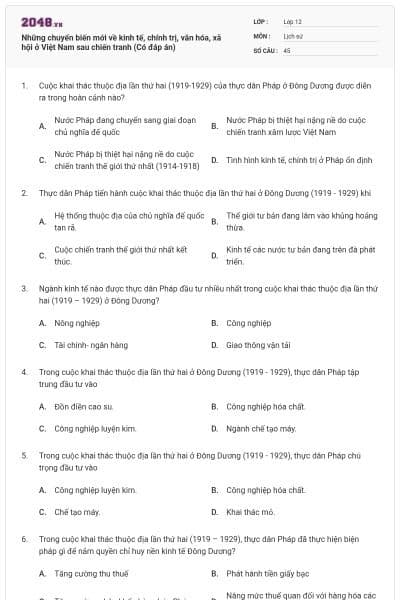 Những chuyển biến mới về kinh tế, chính trị, văn hóa, xã hội ở Việt Nam sau chiến tranh (Có đáp án)