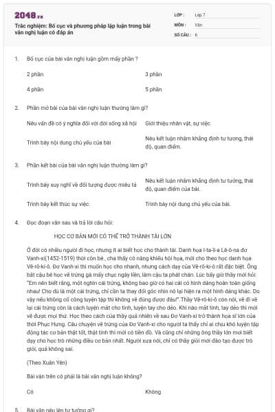 Trắc nghiệm: Bố cục và phương pháp lập luận trong bài văn nghị luận có đáp án