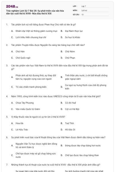 Trắc nghiệm Lịch Sử 7 Bài 28: Sự phát triển của văn hóa dân tộc cuối thế kỉ XVIII- Nửa đầu thế kỉ XIX