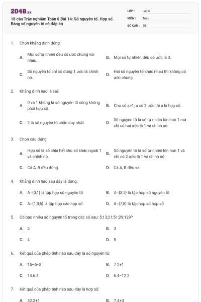 18 câu Trắc nghiệm Toán 6 Bài 14: Số nguyên tố. Hợp số. Bảng số nguyên tố có đáp án