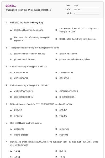 Trắc nghiệm Hóa 9 Bài 47 (có đáp án): Chất béo