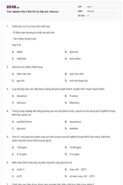 Trắc nghiệm Hóa 9 Bài 50 (có đáp án): Glucozơ