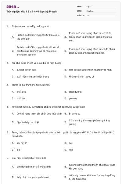 Trắc nghiệm Hóa 9 Bài 53 (có đáp án): Protein