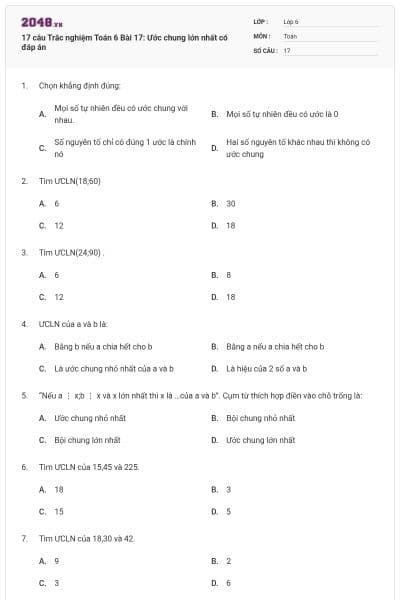 17 câu Trắc nghiệm Toán 6 Bài 17: Ước chung lớn nhất có đáp án