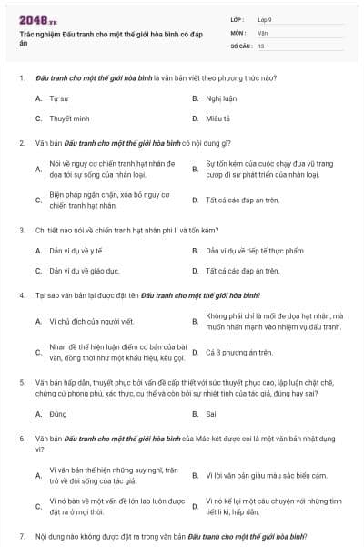 Trắc nghiệm Đấu tranh cho một thế giới hòa bình có đáp án