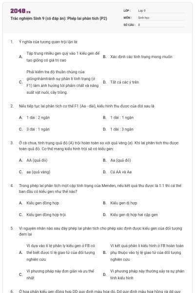 Trắc nghiệm Sinh 9 (có đáp án): Phép lai phân tích (P2)