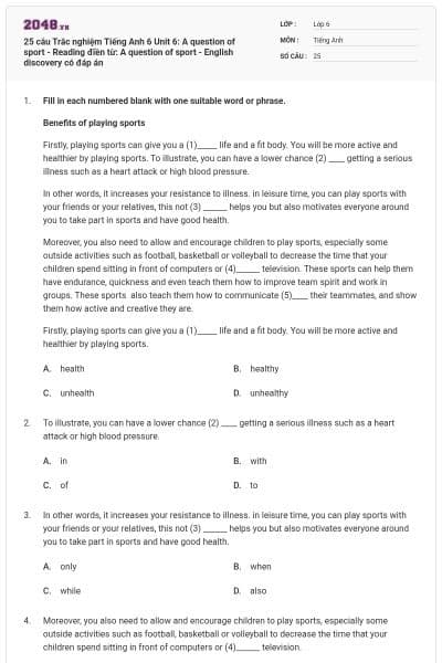 25 câu Trắc nghiệm Tiếng Anh 6 Unit 6: A question of sport - Reading điền từ: A question of sport - English discovery có đáp án