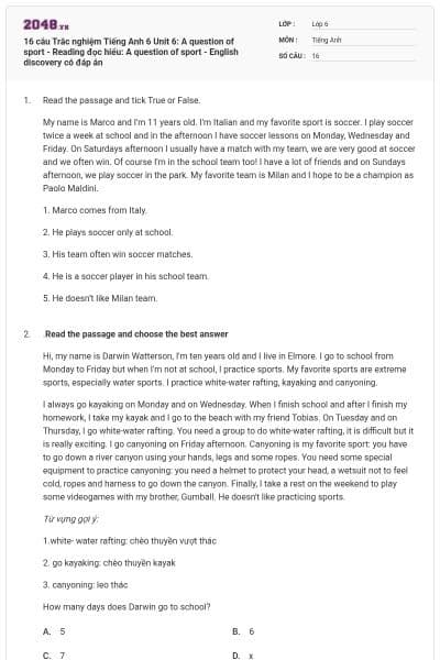 16 câu Trắc nghiệm Tiếng Anh 6 Unit 6: A question of sport - Reading đọc hiểu: A question of sport - English discovery có đáp án