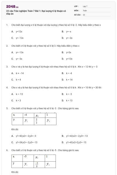 22 câu Trắc nghiệm Toán 7 Bài 1: Đại lượng tỉ lệ thuận có đáp án