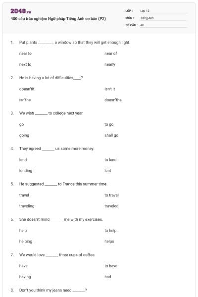 400 câu trắc nghiệm Ngữ pháp Tiếng Anh cơ bản (P2)