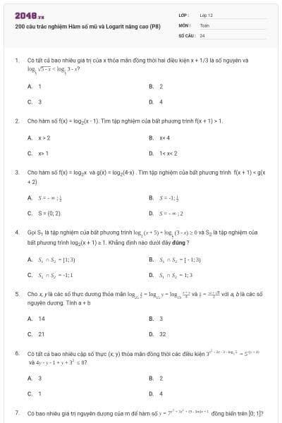 200 câu trắc nghiệm Hàm số mũ và Logarit nâng cao (P8)