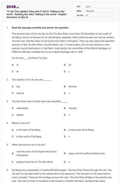 15 câu Trắc nghiệm Tiếng Anh 6 Unit 8: Talking to the world - Reading đọc hiểu: Talking to the world - English discovery có đáp án