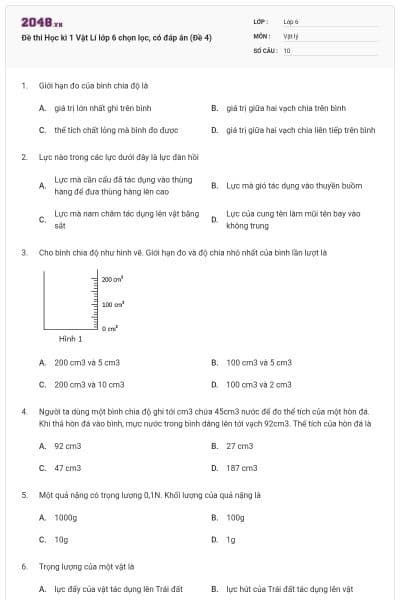 Đề thi Học kì 1 Vật Lí lớp 6 chọn lọc, có đáp án (Đề 4)
