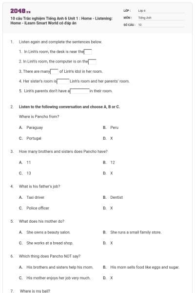 10 câu Trắc nghiệm Tiếng Anh 6 Unit 1 : Home - Listening: Home - iLearn Smart World có đáp án
