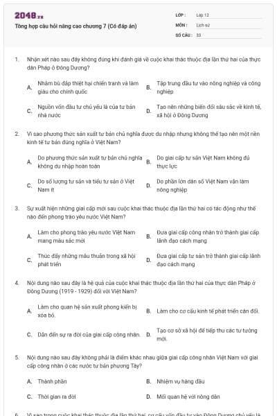 Tông hợp câu hỏi nâng cao chương 7 (Có đáp án)