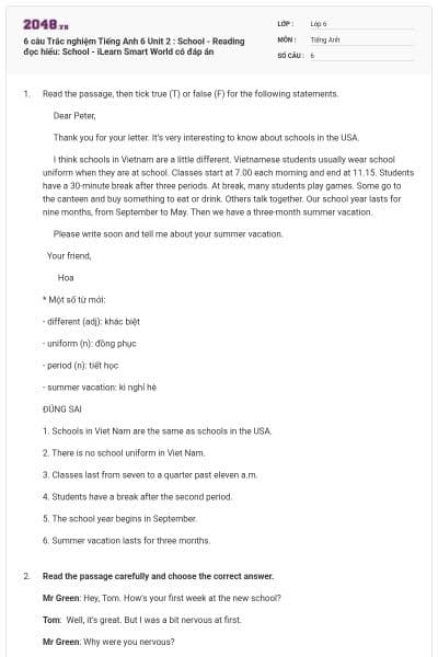 6 câu Trắc nghiệm Tiếng Anh 6 Unit 2 : School - Reading đọc hiểu: School - iLearn Smart World có đáp án