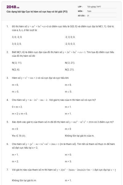 Các dạng bài tập Cực trị hàm số cực hay có lời giải (P3)
