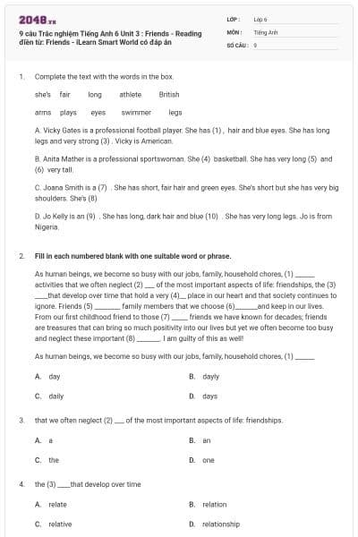 9 câu Trắc nghiệm Tiếng Anh 6 Unit 3 : Friends - Reading điền từ: Friends - iLearn Smart World có đáp án