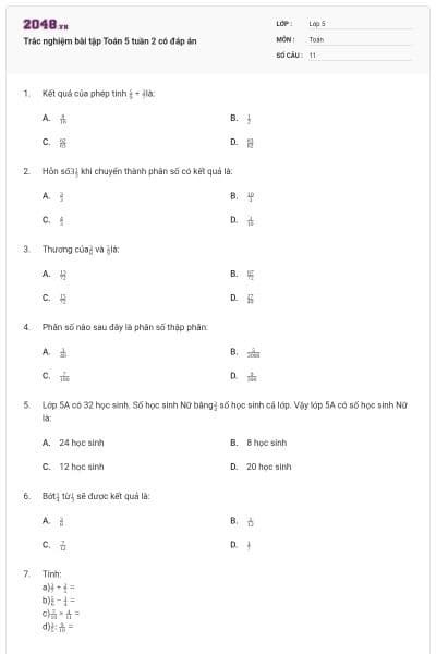 Trắc nghiệm bài tập Toán 5 tuần 2 có đáp án