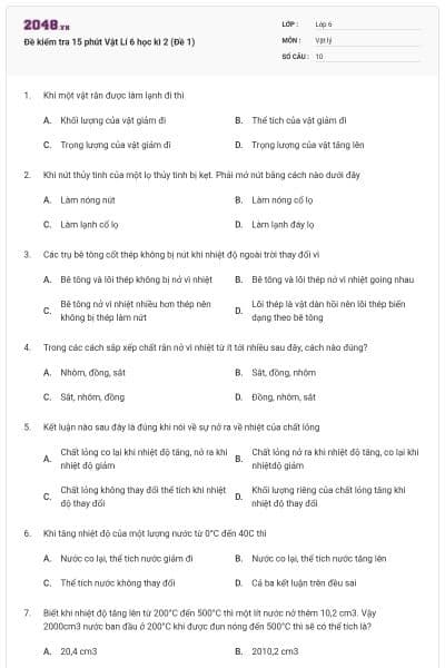 Đề kiểm tra 15 phút Vật Lí 6 học kì 2 (Đề 1)