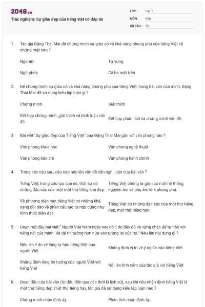 Trắc nghiệm: Sự giàu đẹp của tiếng việt có đáp án