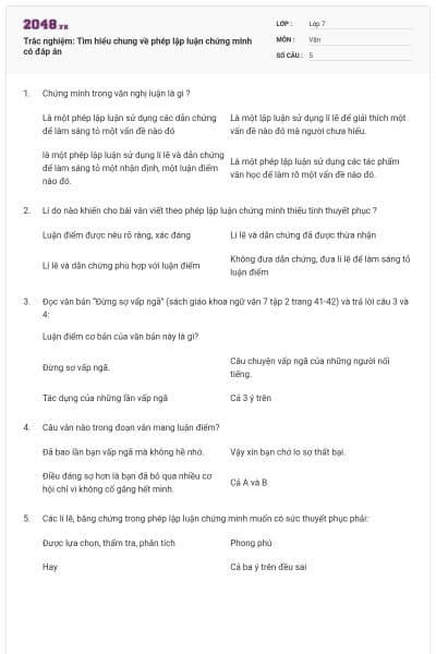 Trắc nghiệm: Tìm hiểu chung về phép lập luận chứng minh có đáp án