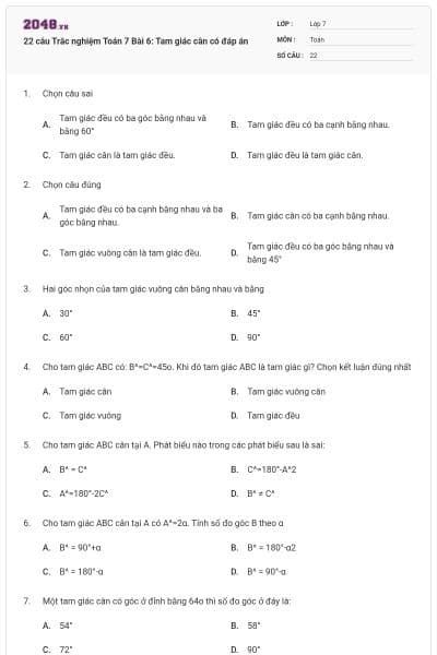 22 câu Trắc nghiệm Toán 7 Bài 6: Tam giác cân có đáp án