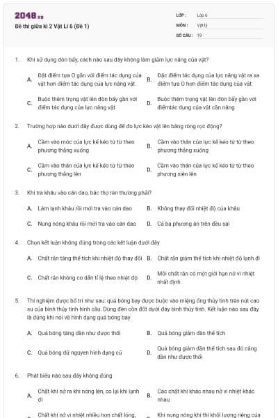 Đề thi giữa kì 2 Vật Lí 6 (Đề 1)
