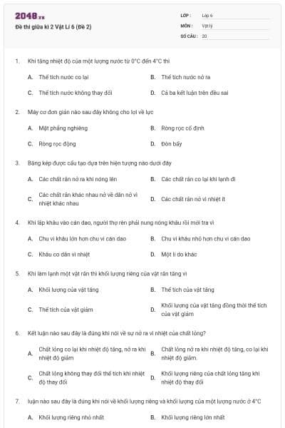 Đề thi giữa kì 2 Vật Lí 6 (Đề 2)