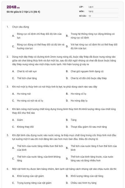 Đề thi giữa kì 2 Vật Lí 6 (Đề 4)