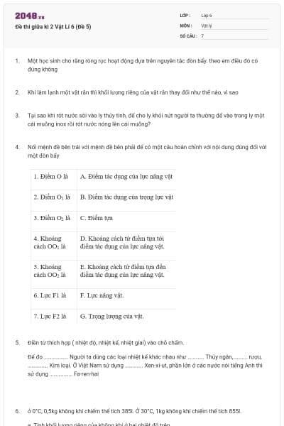 Đề thi giữa kì 2 Vật Lí 6 (Đề 5)