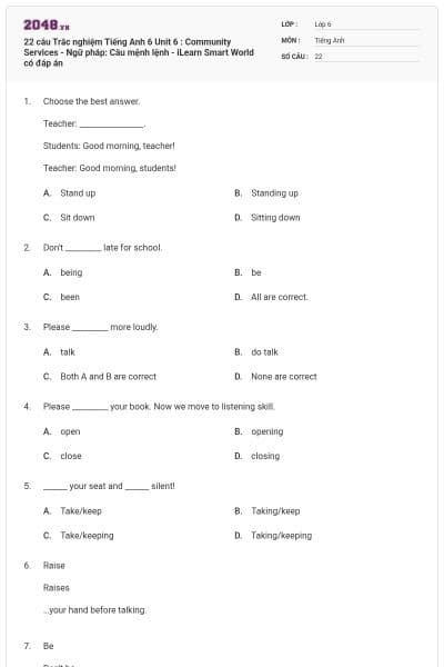 22 câu Trắc nghiệm Tiếng Anh 6 Unit 6 : Community Services - Ngữ pháp: Câu mệnh lệnh - iLearn Smart World có đáp án
