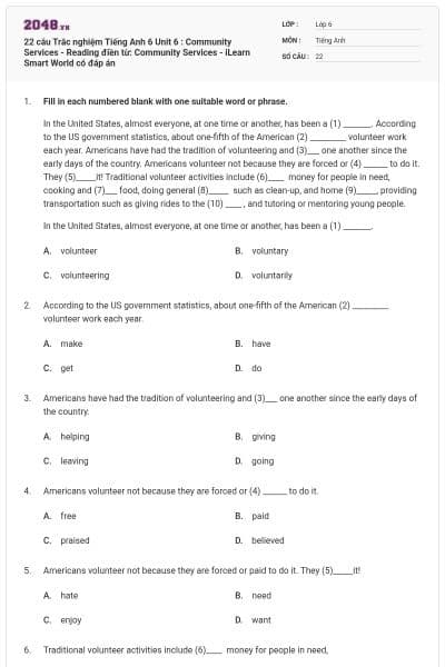 22 câu Trắc nghiệm Tiếng Anh 6 Unit 6 : Community Services - Reading điền từ: Community Services - iLearn Smart World có đáp án