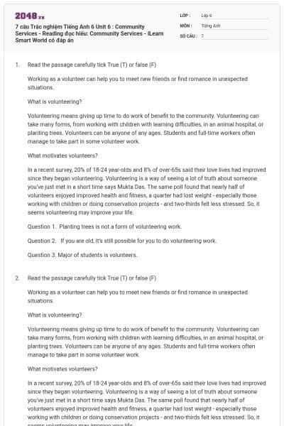 7 câu Trắc nghiệm Tiếng Anh 6 Unit 6 : Community Services - Reading đọc hiểu: Community Services - iLearn Smart World có đáp án