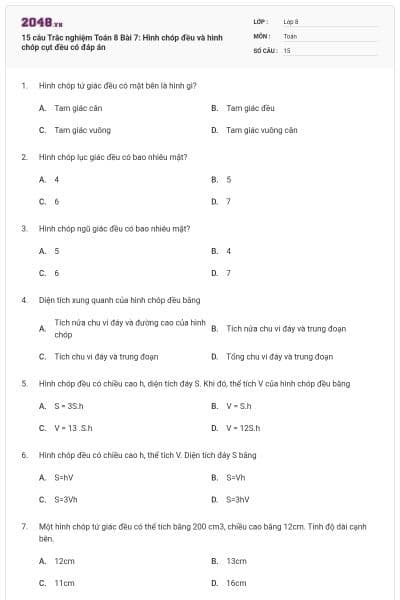 15 câu Trắc nghiệm Toán 8 Bài 7: Hình chóp đều và hình chóp cụt đều có đáp án