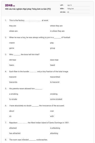 400 câu trắc nghiệm Ngữ pháp Tiếng Anh cơ bản (P3)