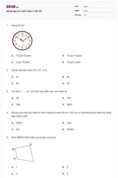 Đề thi học kì I môn Toán 3 (đề 25)