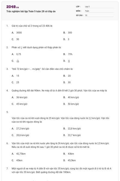 Trắc nghiệm bài tập Toán 5 tuần 28 có đáp án