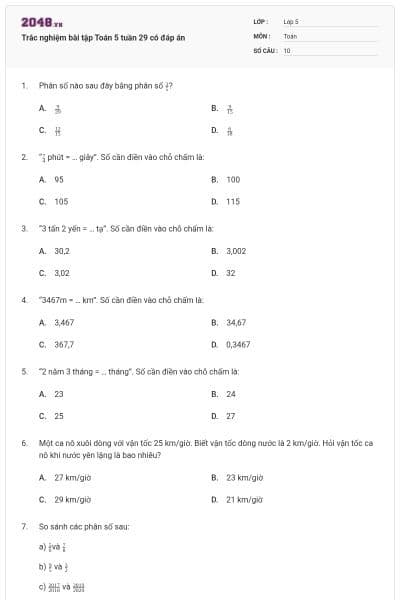 Trắc nghiệm bài tập Toán 5 tuần 29 có đáp án