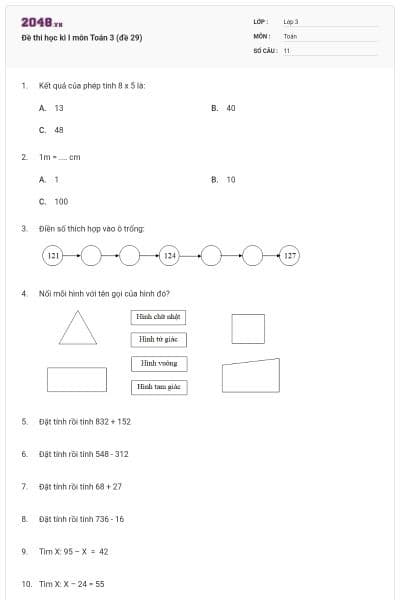 Đề thi học kì I môn Toán 3 (đề 29)