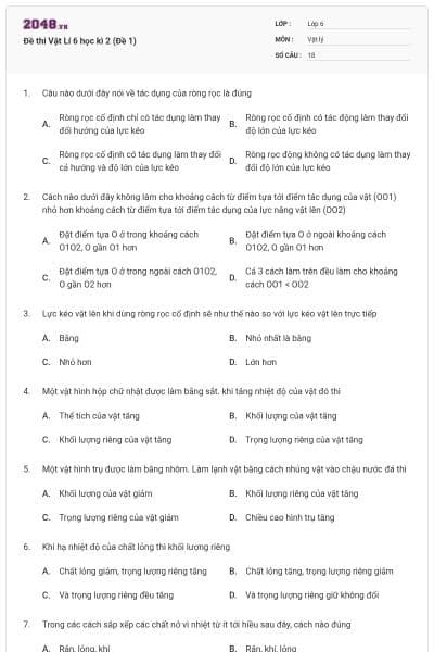 Đề thi Vật Lí 6 học kì 2 (Đề 1)