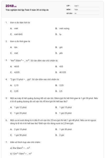 Trắc nghiệm bài tập Toán 5 tuần 30 có đáp án