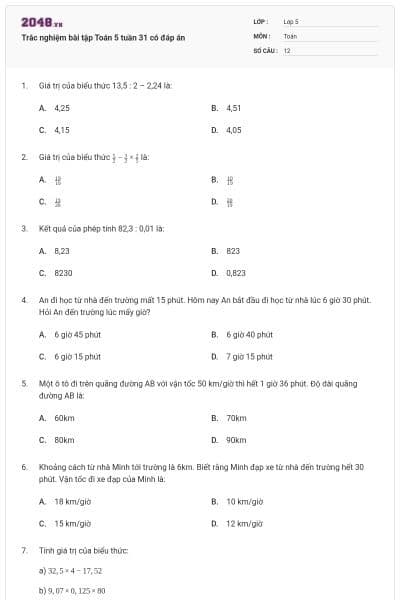 Trắc nghiệm bài tập Toán 5 tuần 31 có đáp án