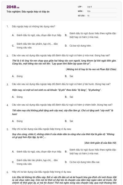 Trắc nghiệm: Dấu ngoặc kép có đáp án