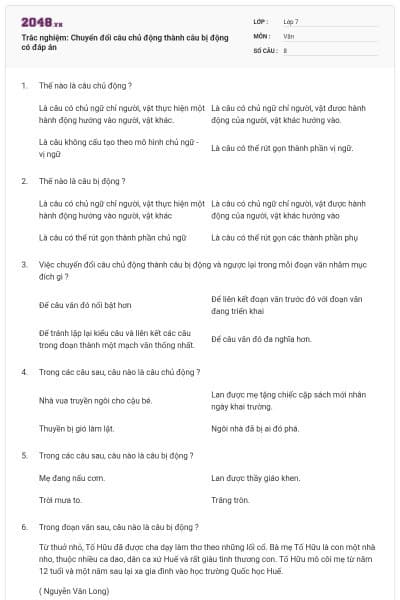 Trắc nghiệm: Chuyển đổi câu chủ động thành câu bị động có đáp án