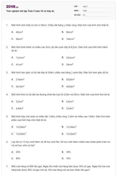 Trắc nghiệm bài tập Toán 5 tuần 34 có đáp án