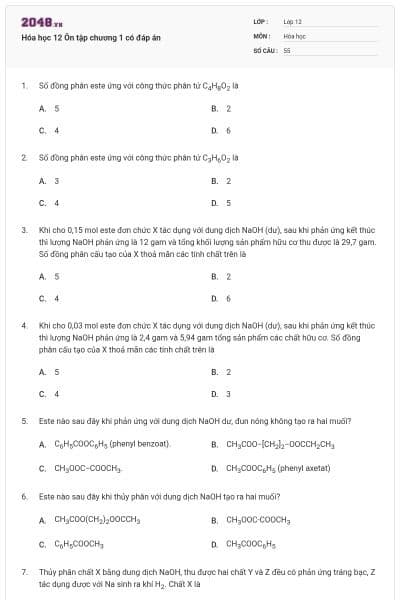 Hóa học 12 Ôn tập chương 1 có đáp án