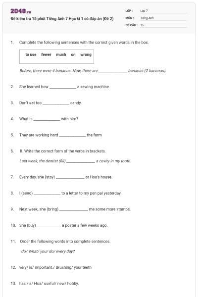 Đề kiểm tra 15 phút Tiếng Anh 7 Học kì 1 có đáp án (Đề 2)