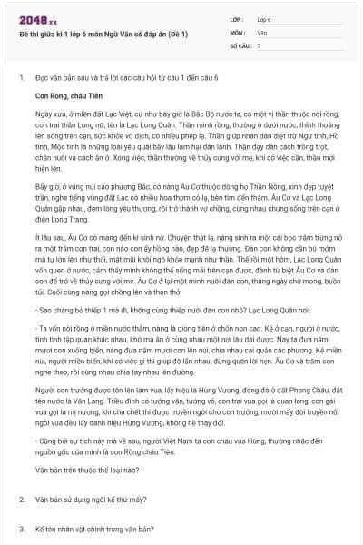 Đề thi giữa kì 1 lớp 6 môn Ngữ Văn có đáp án (Đề 1)